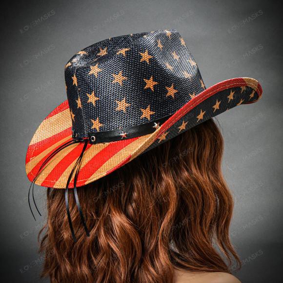Cowboy USA Flag Curved Brim Party Hat - Blue Red - Picture 5 of 10